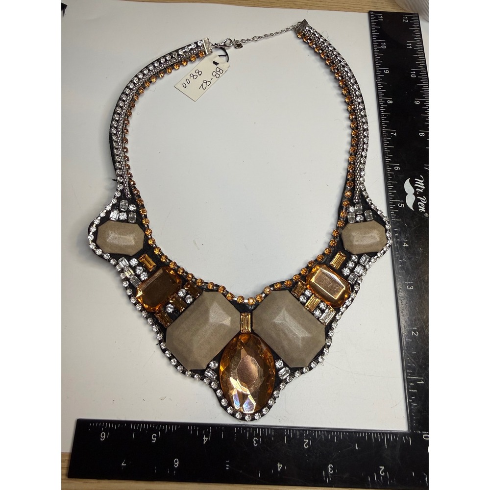 Statement Bib Necklace Amber Champagne Crystal Rhinestone Felt Back Adjustable